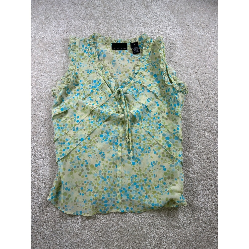 Apostrophe Womens Size 4 Green Sheer‎ Ruffle V-Neck Sleeveless Shirt Polka Dots